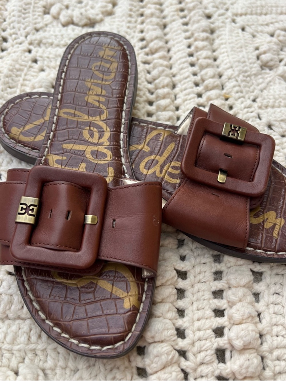 Sam Edelman Brown Leather Buckle Slide Sandals